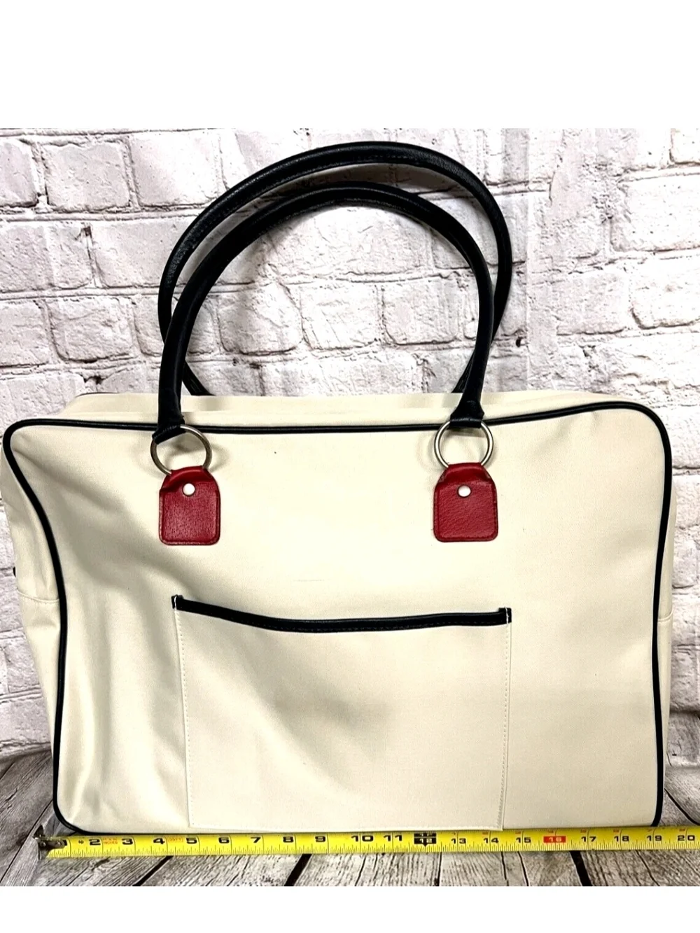 Estee Lauder Cream Duffel Weekender Vintage Bag Handles White, Red & Blue
